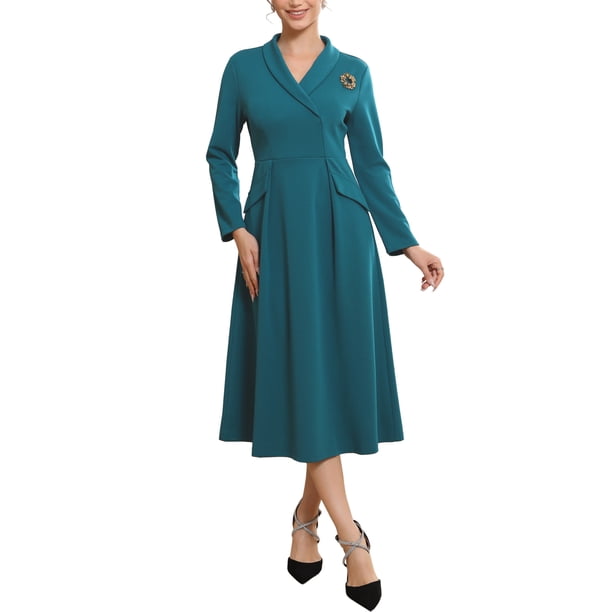 INSPIRE CHIC Vestidos formales de blazer para mujer Cuello con solapa Cuello en V Manga larga Vestido de trabajo en línea A XL Azul Verde