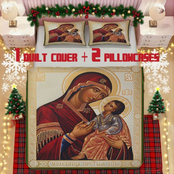 Orthodox with Icon Printed Bedding Set Polyester Fabric Digital Print Zipper Closure