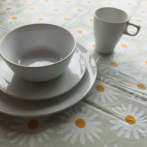 Set Juego de loza Cerámica 16 piezas Vajilla Blanca y Mantel PEVA Margarita  130x180 blanco