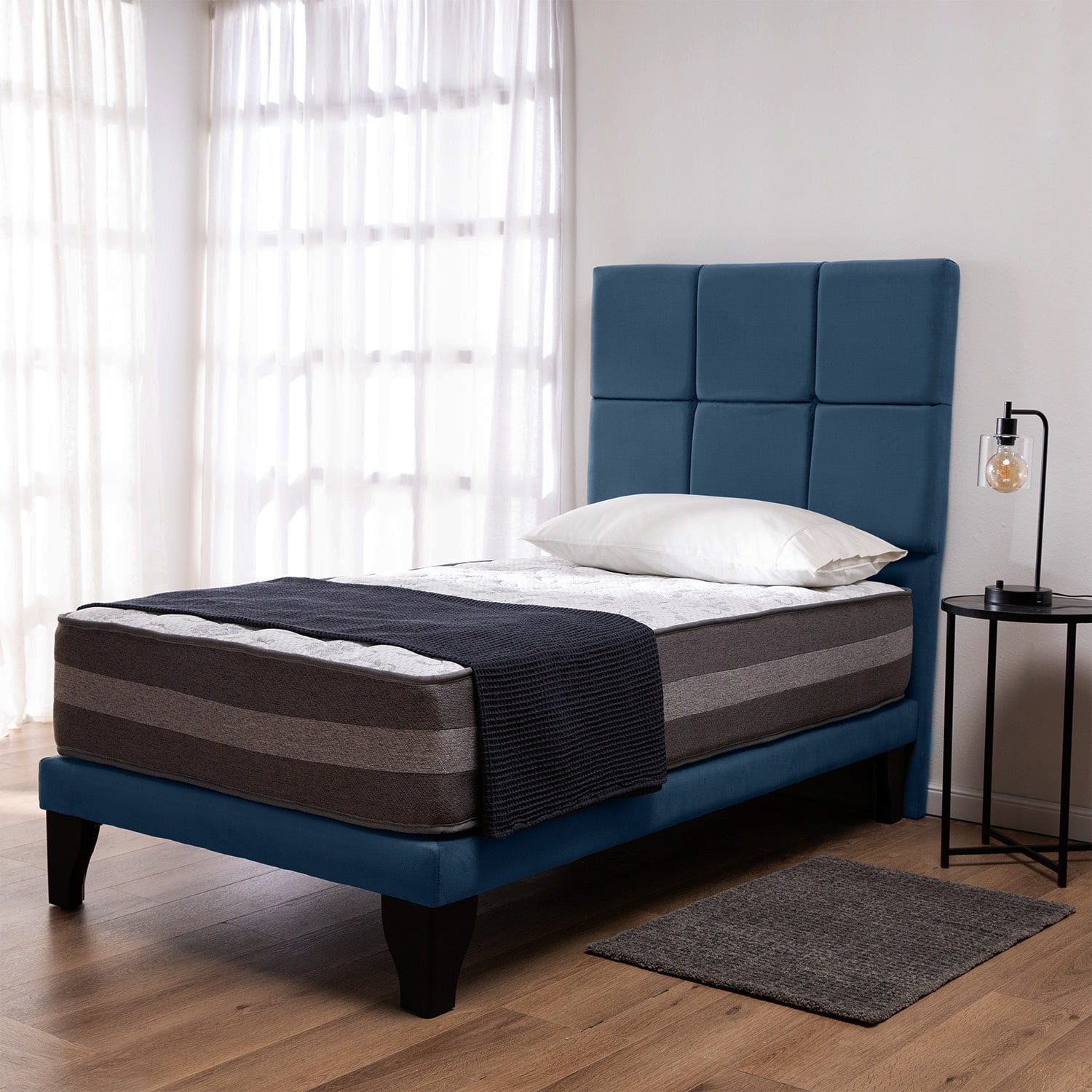 Colbox - Cama Europea Valencia P + Respaldo Atenas 1 Pl Felpa Azul