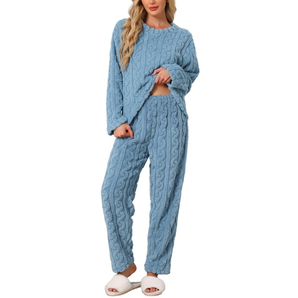 INSPIRE CHIC Conjunto de Pijama de Felpa para Mujer, Manga Larga, Cuello Redondo, Suave, Cálido, para Invierno, 2 Piezas, Talla XL, Azul