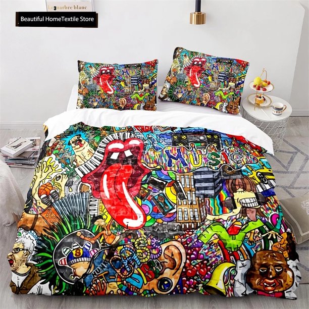 Hip Hop Art Duvet Cover Set For Teens Boys Girls Colorful Graffiti Polyester Comforter Cover Set Rock Music Sports Quilt CoverBed Sheets