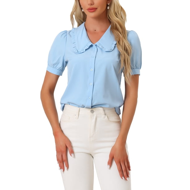 INSPIRE CHIC Blusa de Mujer para Regreso a Clases Cuello Peter Pan Manga Corta Abullonada Camisa Retro XL Azul
