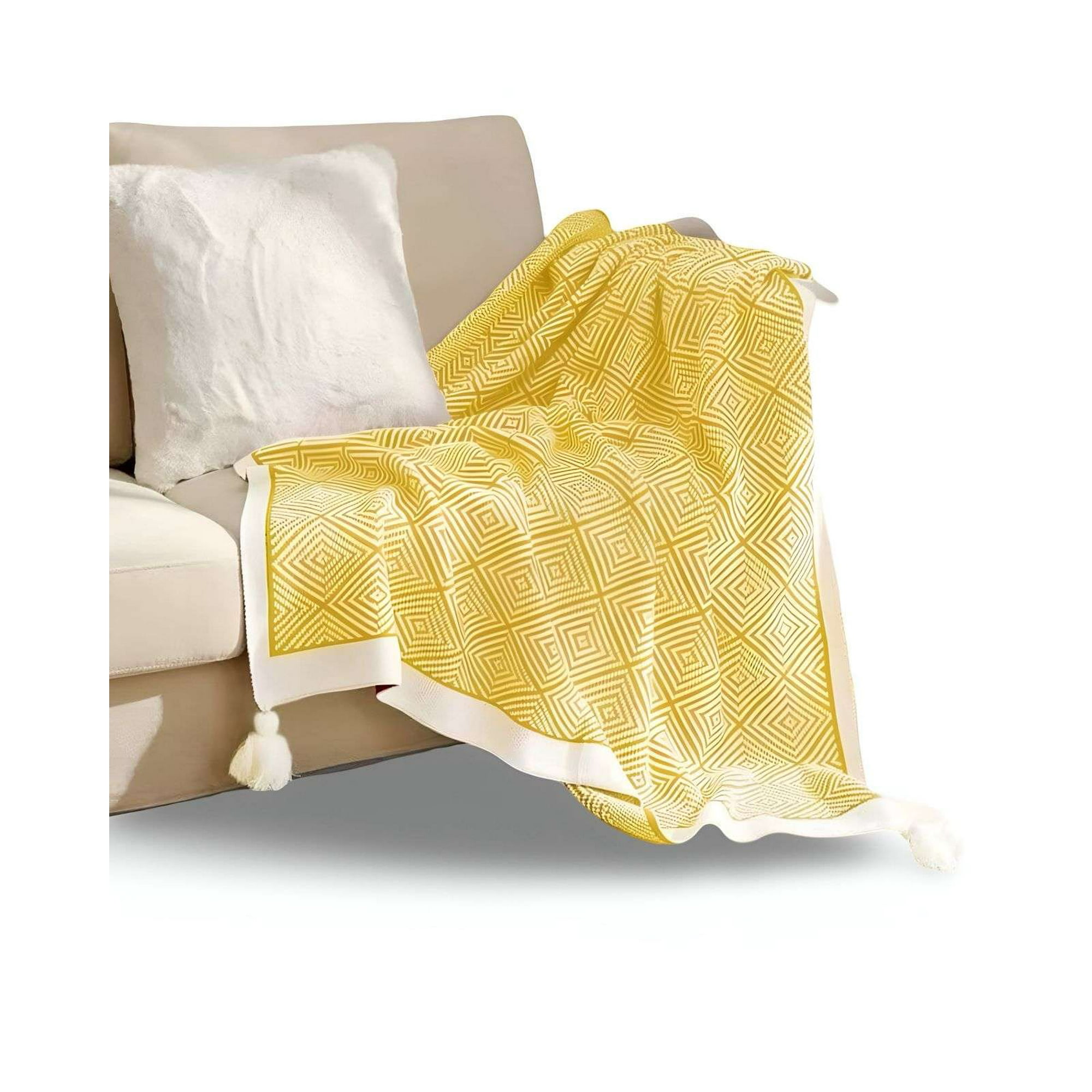 Tengfei - Mantas Decorativas Para Sofas Camas Con Pompon 130x150 Cm Amarillo