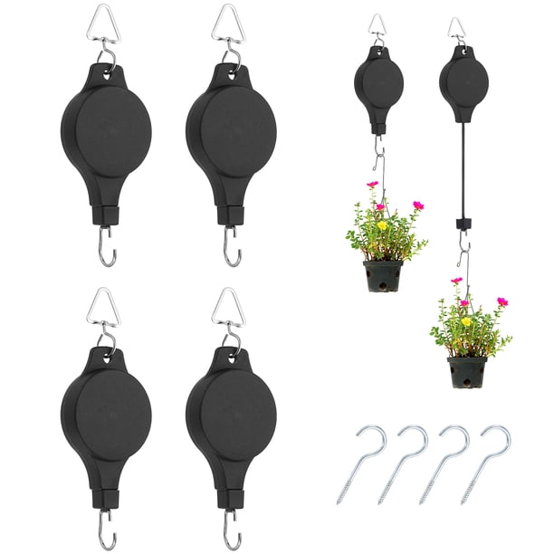 Polea Retráctil para Plantas de Alta Resistencia con Gancho Triangular para Cestas de Flores Negro, 4 Piezas