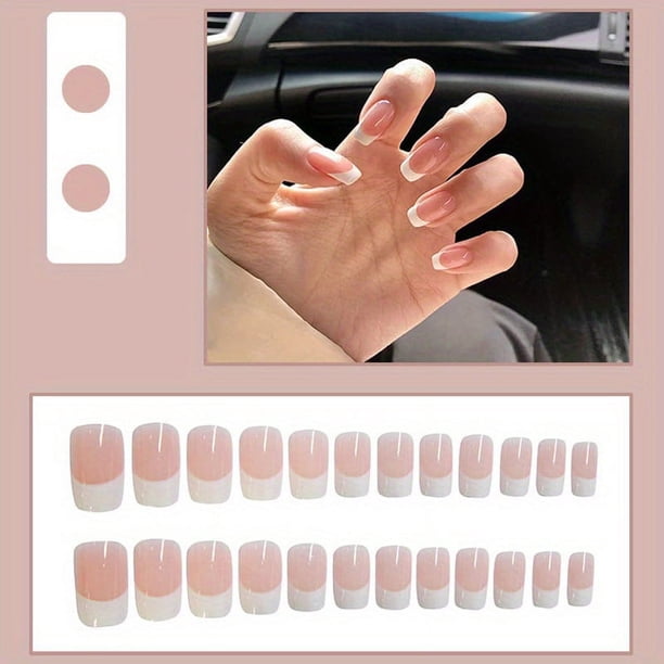 24pcs Pink French Tip Press On Nails Medium Square Fake Nails Glossy Full Cover Glitter Powder Stick On Nails False Nails With White Edge Design, Artificial Acrylic Nails With Glue Sticker For Women G