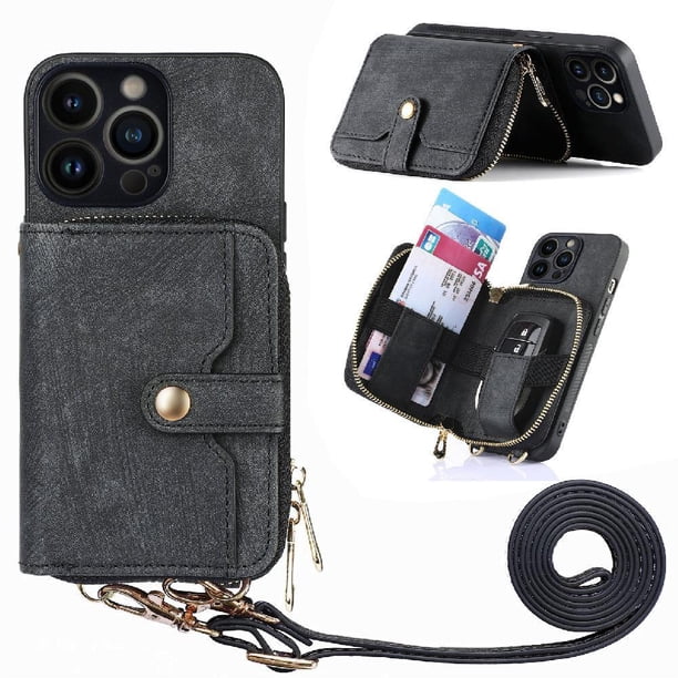 Funda Tipo Cartera con Correa Cruzada para iPhone 13 Pro Protección Contra Golpes Negro