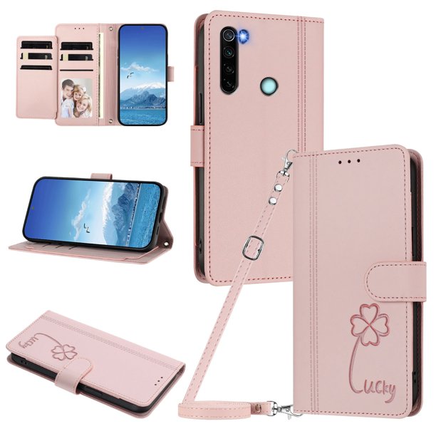 Funda Cartera Trébol para Xiaomi Redmi Note 8 4G con Ranuras Tarjetas y Carga Inalámbrica Rosa