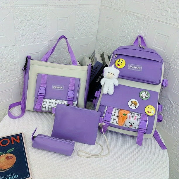 4pcs/set Simple Casual School Bag With Badges, Casual Canvas Backpack Tote Bag