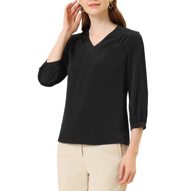 INSPIRE CHIC Blusa de Satén para Mujer Casual Sólida de Manga Larga con Cuello en V Camisas M Negro