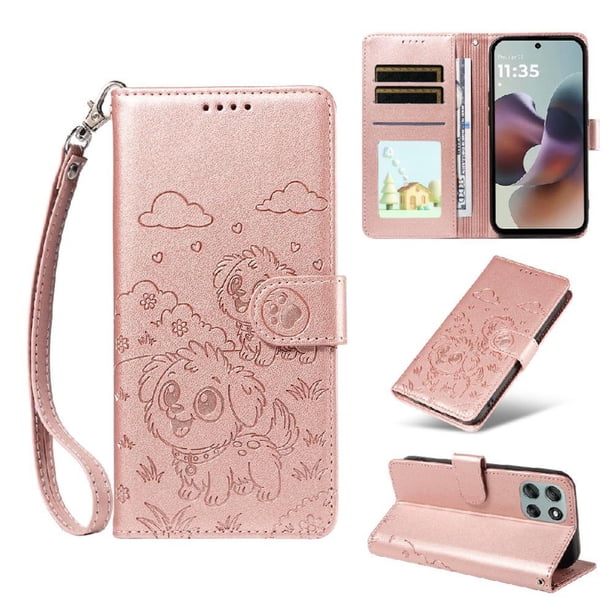 Funda Cartera para Motorola Moto G56 Perro Cachorro Grabado con Tarjetas Soporte Correa Rosa