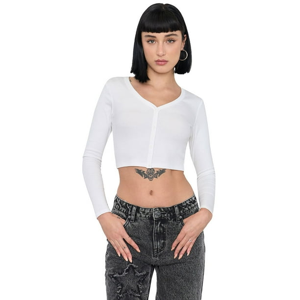 Polera Mujer Blanco Manga Larga Broches Corona