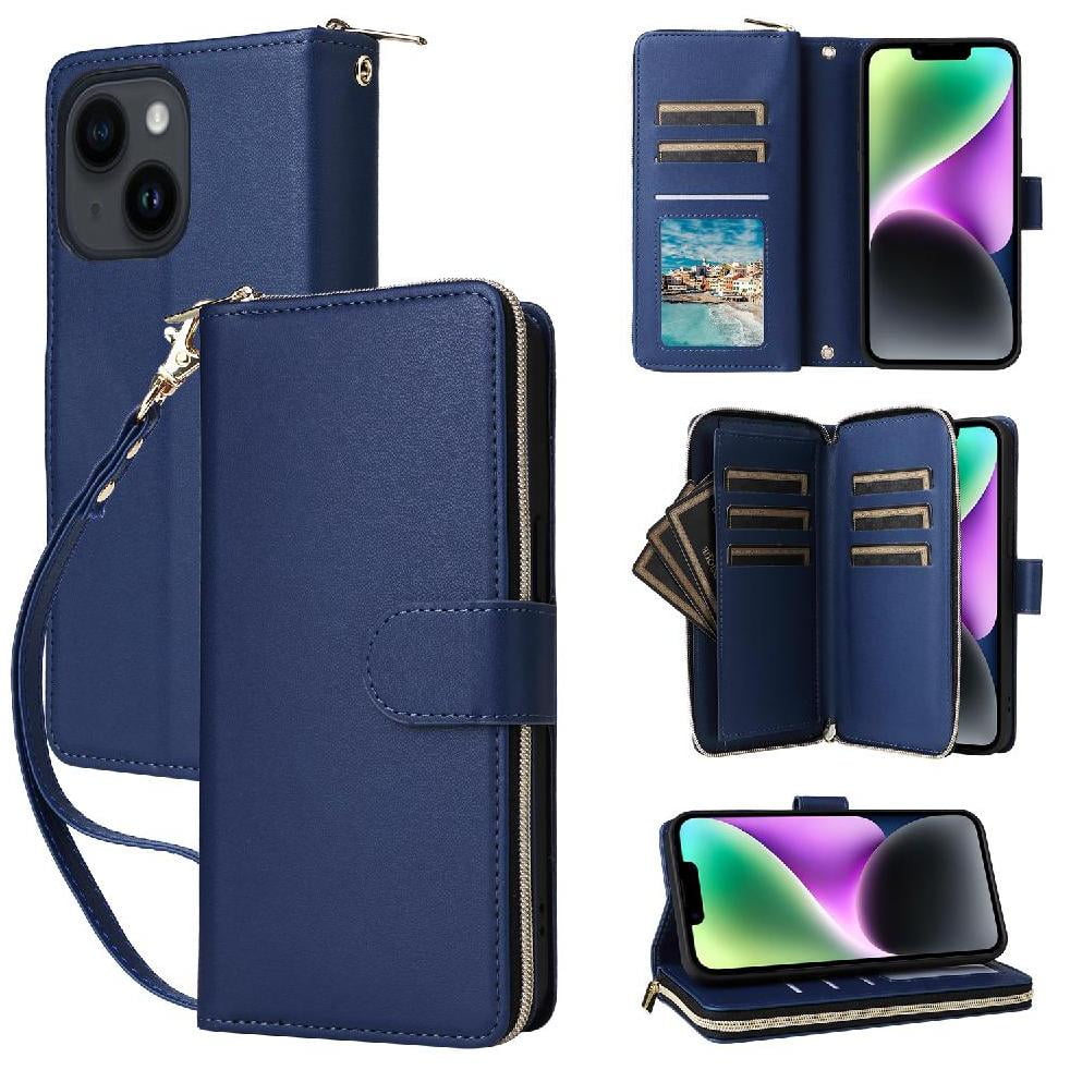 Foxdock - Funda Cartera Con Cremallera Y Correa Para Iphone 14 Soporte Y Tarjetero Azul