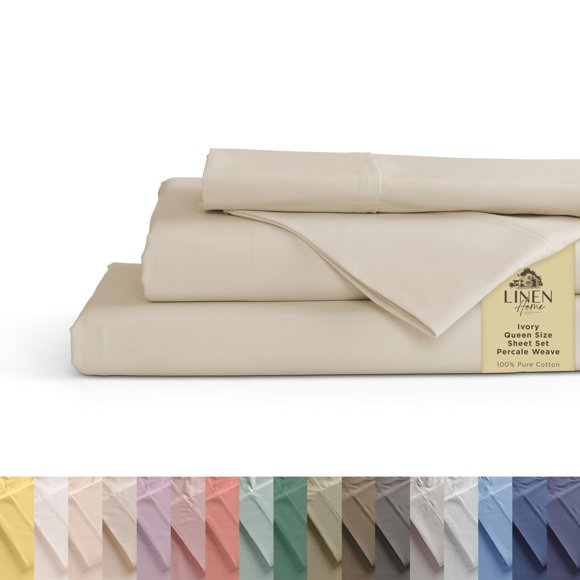 Juego de sábanas Linen Home, 100% algodón, percal, tamaño queen, color marfil