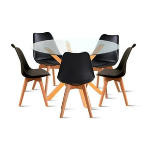 Klik Muebles - Comedor Redondo De Vidrio Cross 120Cm + 5 Silla Tulip Acolchada - Negra