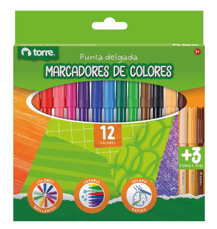 Plumones Dibujo 12 Colores + 3 Tonos Piel Torre
