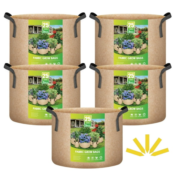 iPower - Paquete de 5 bolsas de cultivo de 25 galones color canela, macetas de tela no tejida con asa reforzada, resistentes y con ventilación para tomates, frutas, verduras y flores.
