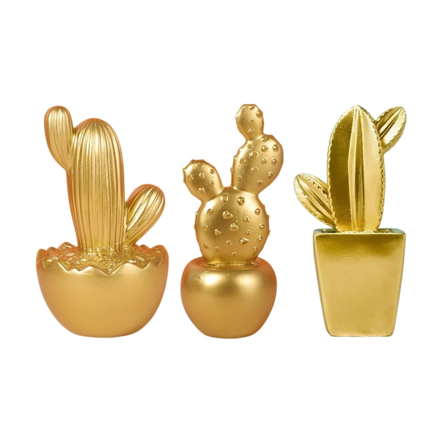 Fliperex - Set 3 Adornos Cactus De Resina Dorado Decoracion Mesa Office Dorado