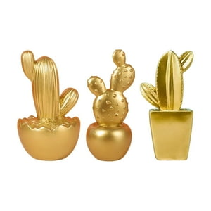 Fliperex - Set 3 Adornos Cactus De Resina Dorado Decoracion Mesa Office Dorado