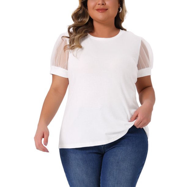 Agnes Orinda Camiseta de Mujer Talla Grande Manga Corta de Malla Cuello Redondo Blusa Casual Sólida 2025 4X Blanca