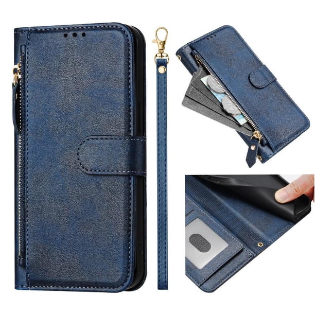 Funda tipo cartera para Negroview A53 con bolsillo con cremallera, tarjetero, soporte, correa para la muñeca y tapa de cuero azul