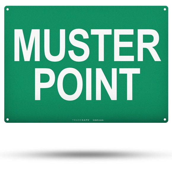 Letrero TRADESAFE Muster Point para zona de evacuación de emergencia, 35 x 25 cm