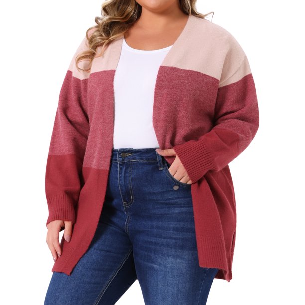 Agnes Orinda Cárdigan Abierto de Talla Grande para Mujer con Bloque de Color a Rayas, Abertura Lateral, Manga Larga, Suéter de Punto, Abrigo Casual 3X Rojo Rosa