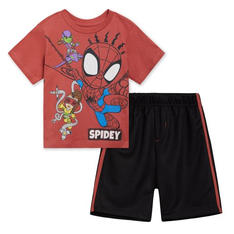 Conjunto Para Niños Pequeños Marvel Spiderman Remera Y Shorts De Malla