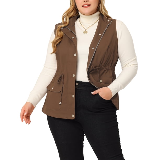 Agnes Orinda Chaquetas de Chaleco sin Mangas con Capucha para Mujer de Talla Grande con Cremallera, Botón y Cintura con Cordón 5X Marrón