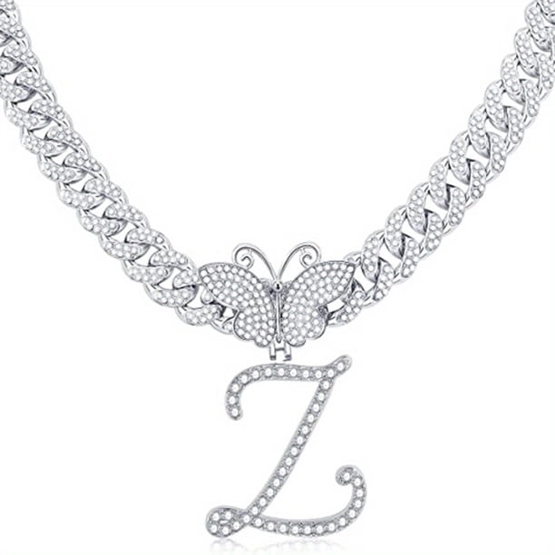 Stylish Hip Hop Cuban Butterfly Necklace with White Letter Initials
