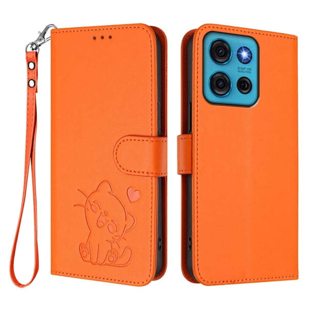 Funda Volteable con Diseño de Gato para Motorola MOTO G75 5G, Naranja