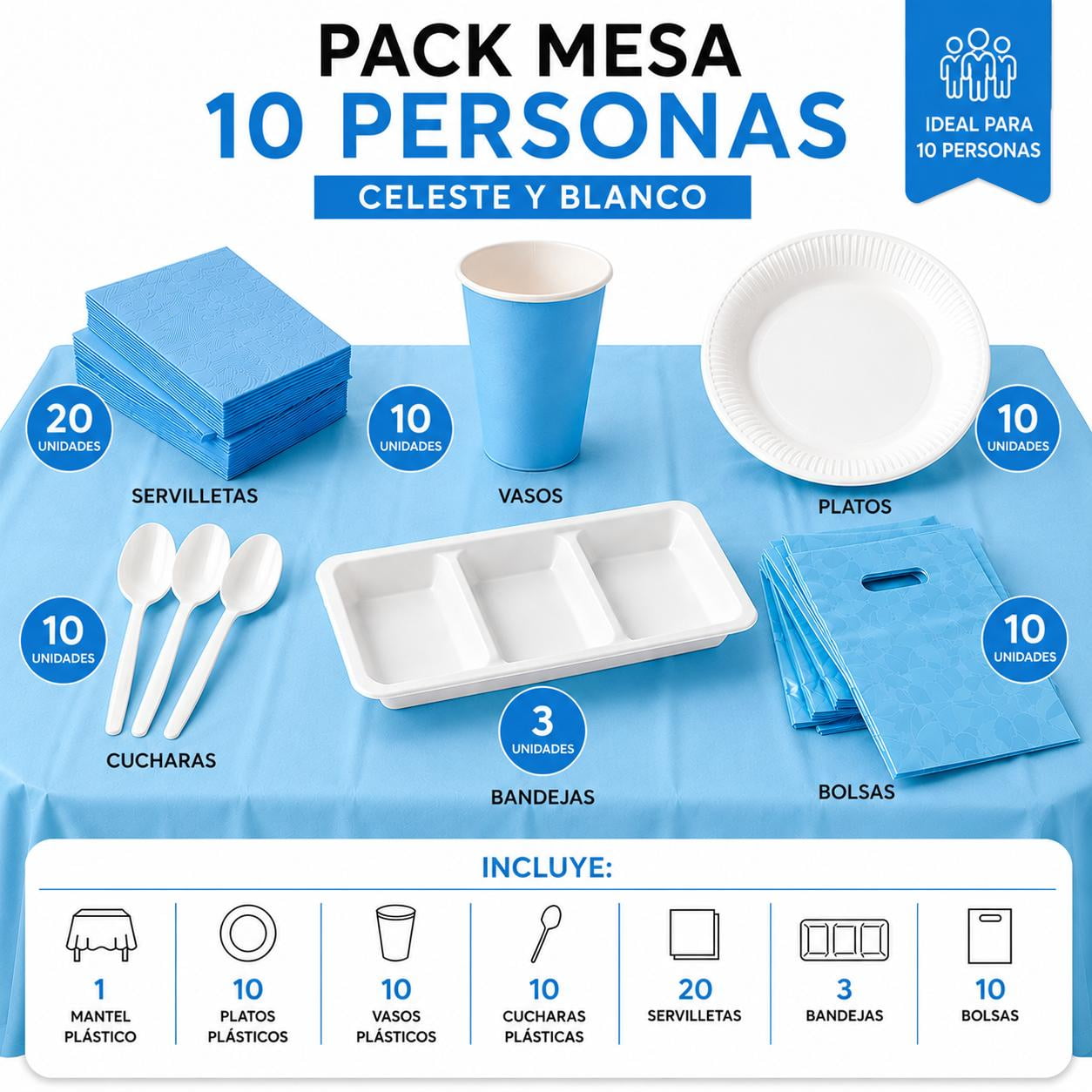 Genérico - Pack Cotillon Mesa 10 Personas Celeste Y Blanco