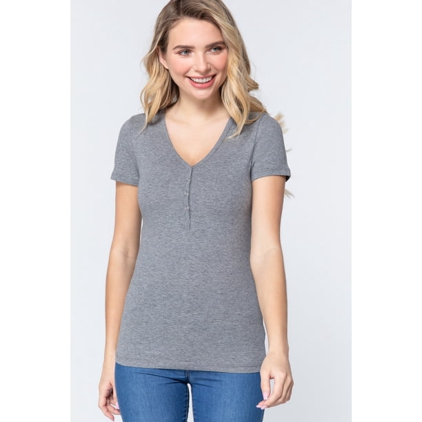 Top Corto de Punto Henley con Cuello en V y Manga Corta