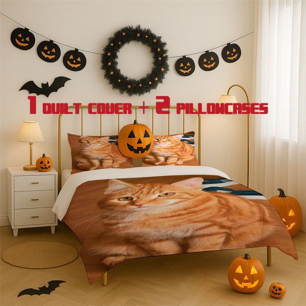 3pcs Orange Tabby Printed Bedding Set Soft Duvet Cover with 2 Pillowcases All Season Comfort