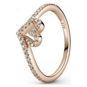 Anillo Pandora Corazón Hueso De La Suerte Brillante Baño De Oro Rosa 14K Talla 6
