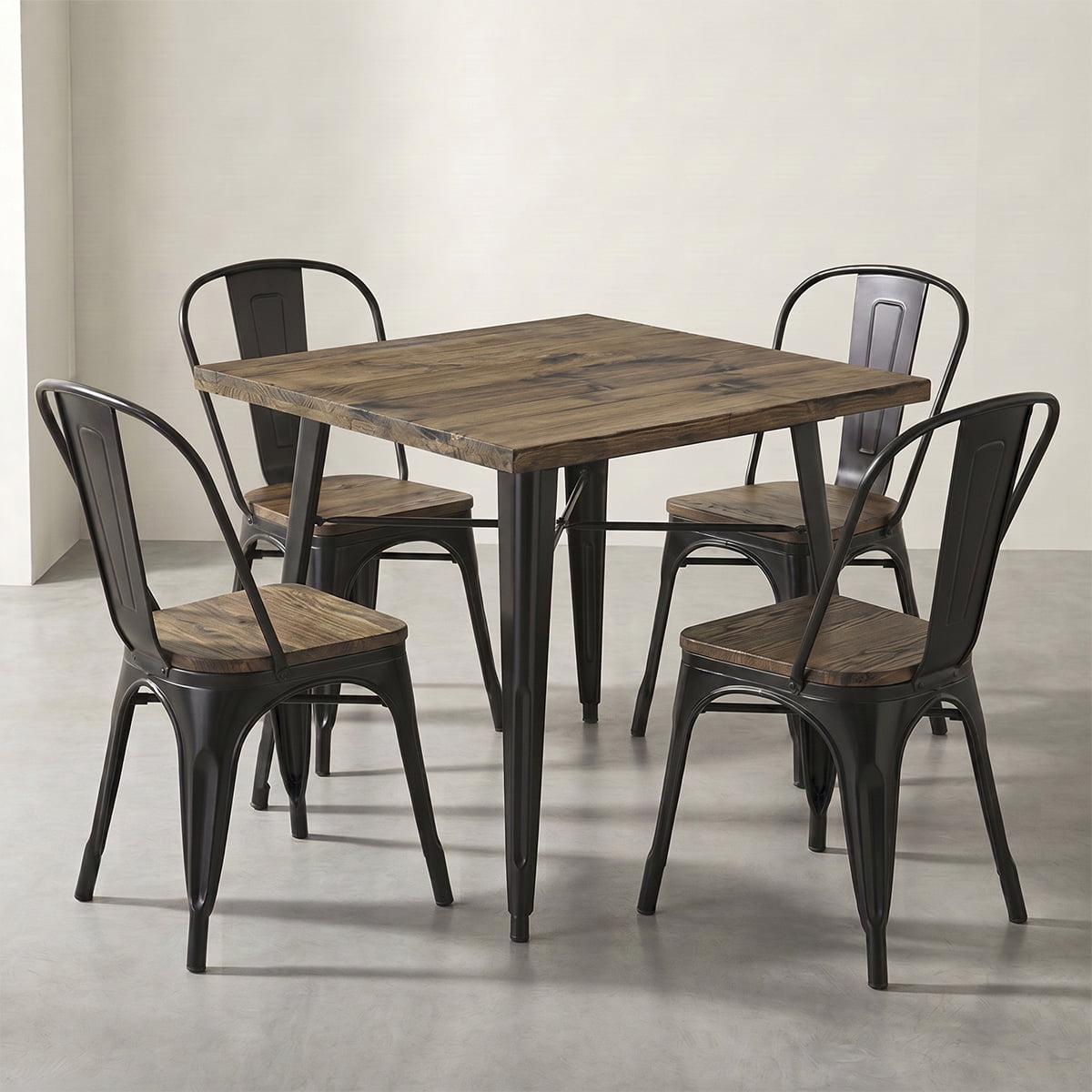 Juego De Comedor Tolix 4 Sillas Cuadrado 80cm Venhoouse Madera Oscura