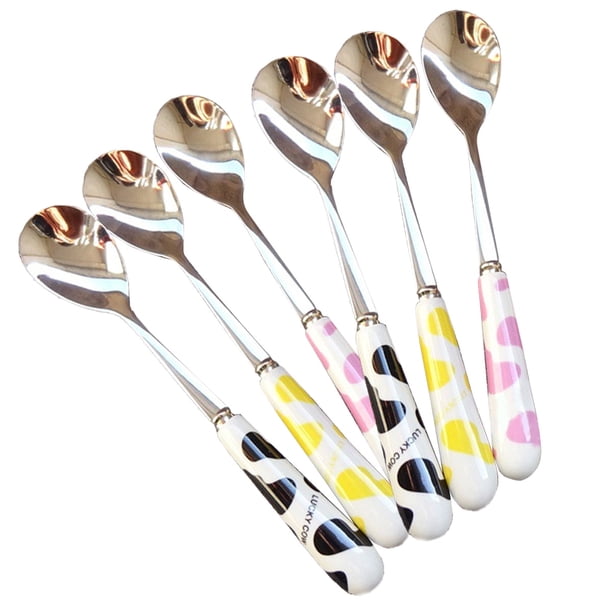 Paquete de 6 cucharas de café de acero inoxidable, cucharas de té con mango de cerámica, cucharas para azúcar, cucharas para helado, postres y sopa.
