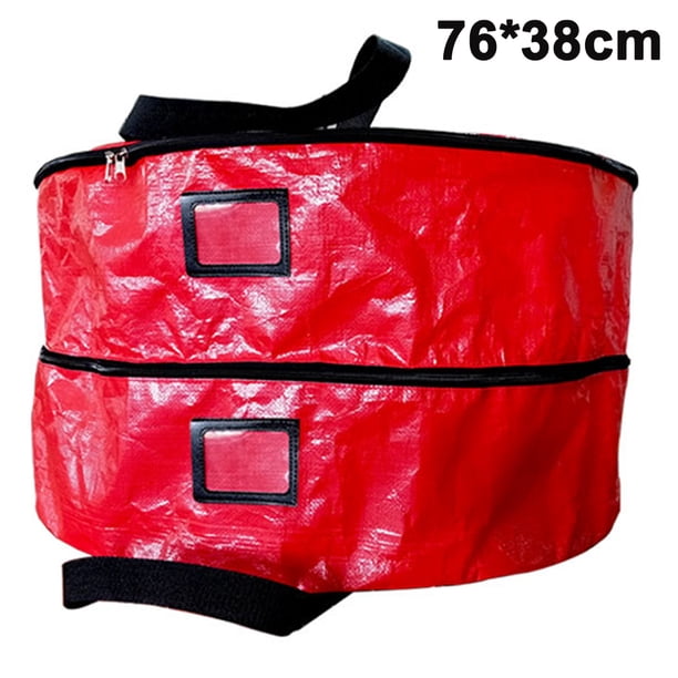 Bolsa de almacenamiento de doble capa para coronas navideñas, color puro, con cremalleras dobles y asas para Navidad (rojo/verde, 76 cm)