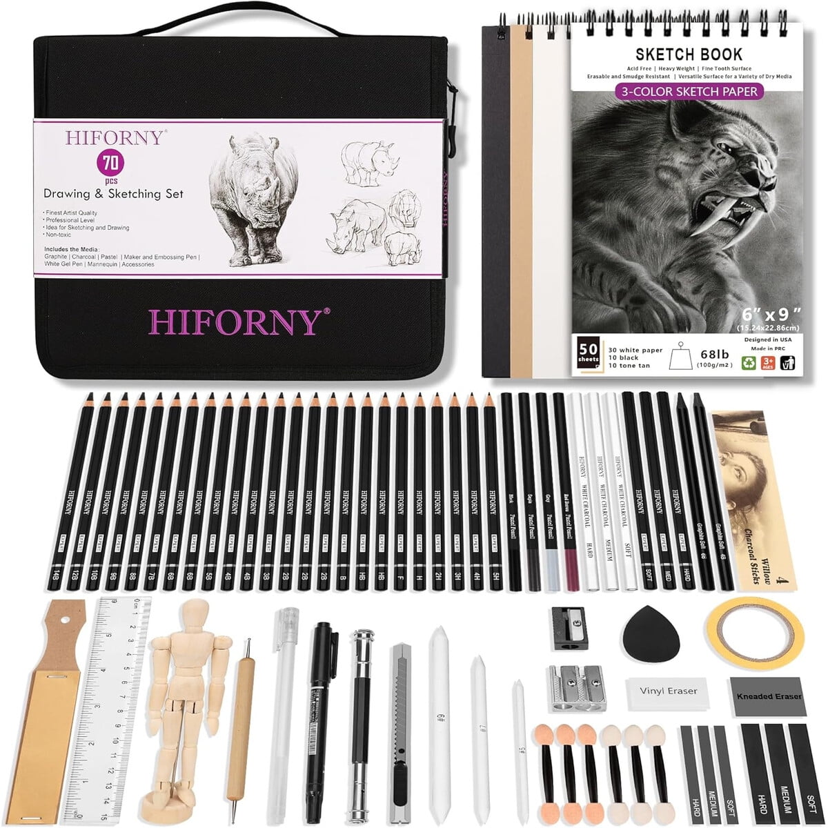 Set De Dibujo Hiforny 70 Piezas Kit Sketch Lapices Y Accesorios