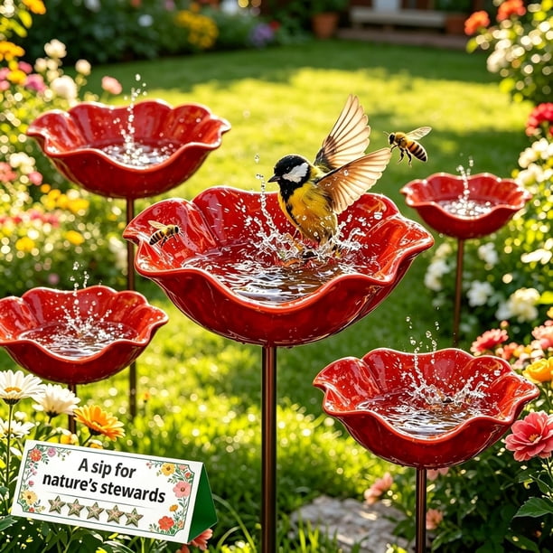 Estaca jardín flor metal hecha mano baño abejas cuenco agua pájaros decoración exterior