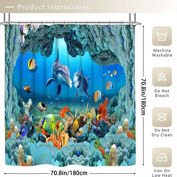 1pc/4pcs Cute Dolphin & Coral Children's Shower Curtain and Blanket Set - Bathroom Decor with 12 Shower Curtain Hooks and Toilet Lid - Soft and Cozy Blanket for Kids