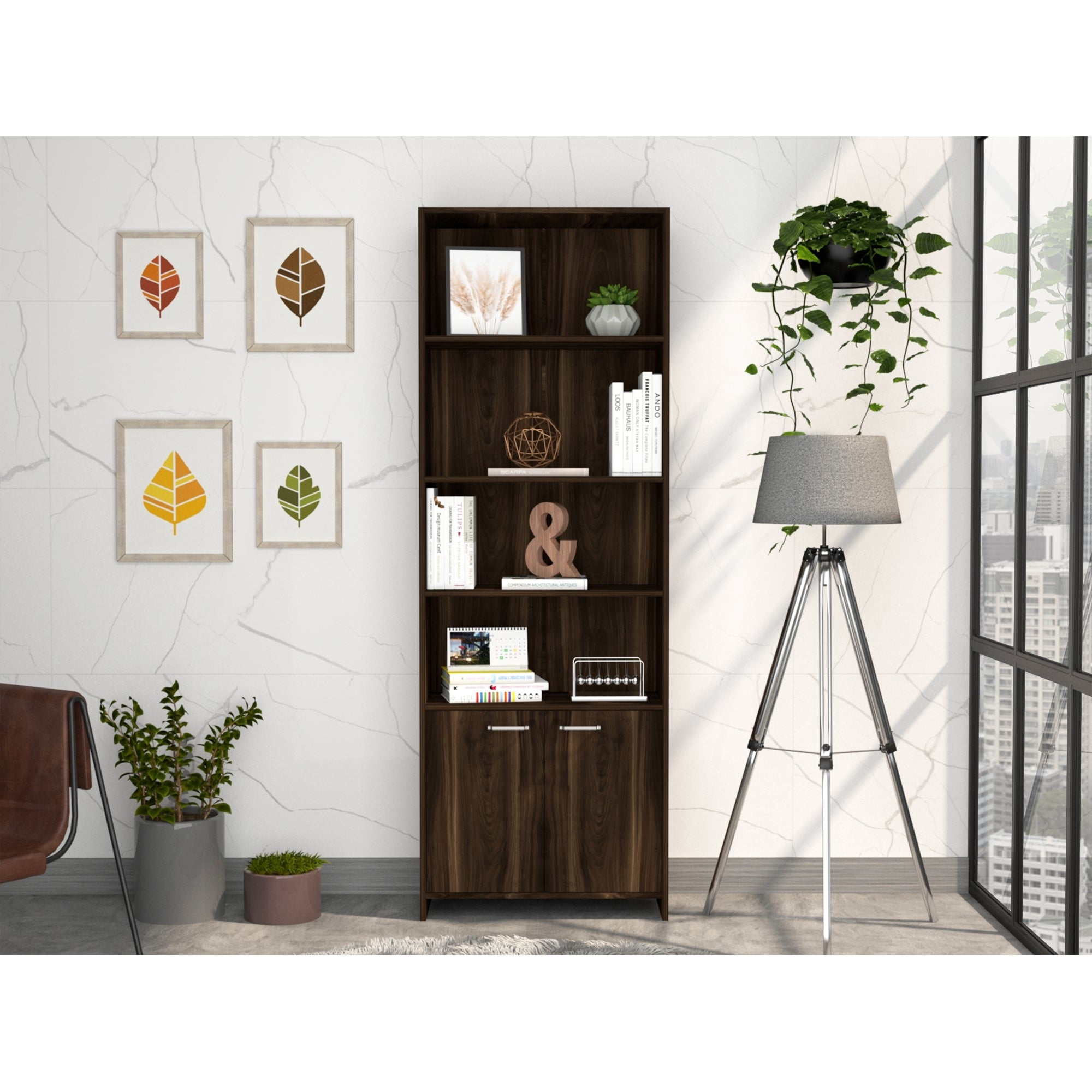 Tuhome - Biblioteca Lisa 180x63x26 Cm 2 Con Puertas Café Oscuro