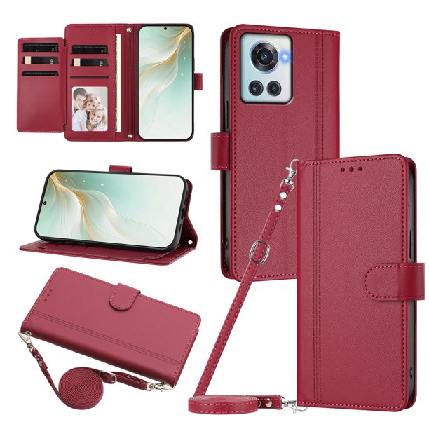 Funda Billetera Delgada para OnePlus 10R, Cuero Sintético, Rojo