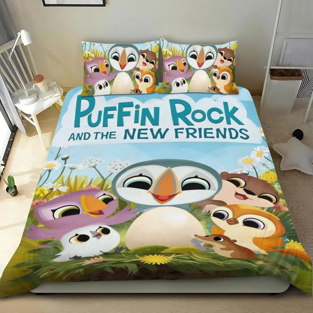 Puffin Rock Conjunto de sábanas temático, trío de piezas, cómodo y amigable con la piel, diseño único, regalo de decoración para el hogar para familiares, amigos y fans,135cm *200cm