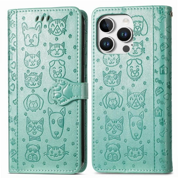 Funda Cartera FOXDOCK para iPhone 16 Pro , Flip PU con Relieve de Gatos y Perros, Tarjetero y Soporte