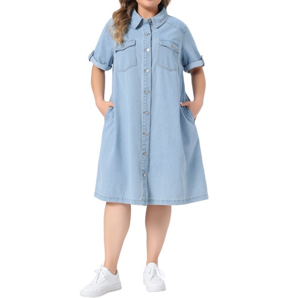Agnes Orinda Vestido de Mezclilla para Mujer Talla Grande, Botones Abajo, Cuello con Solapa, Manga Corta, Midi, Casual de Verano, Camisa de Mezclilla con Bolsillos 3X Azul Claro