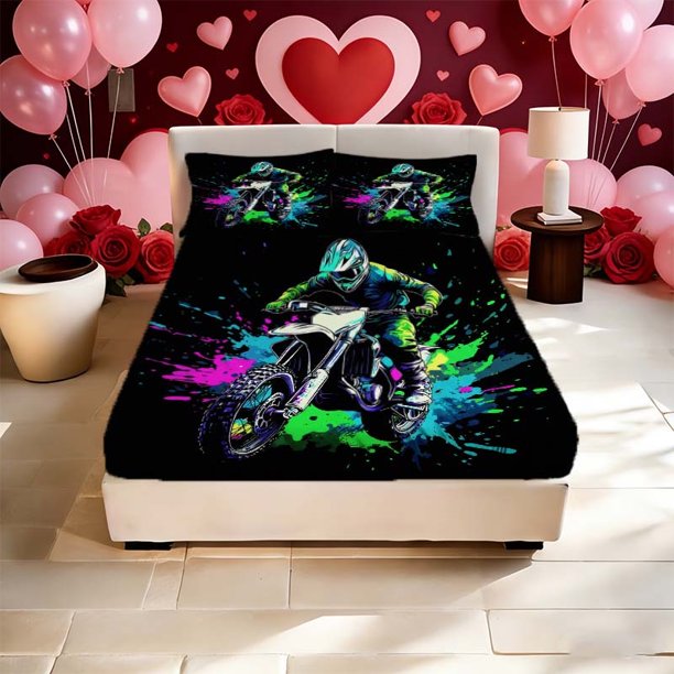 Off-Road Motorcycle Rider Illustration Printed Fitted Sheet Set a Must-Have for Home and Guest Rooms Deep Pocket for Secure Fit Without Shifting Soft and Breath