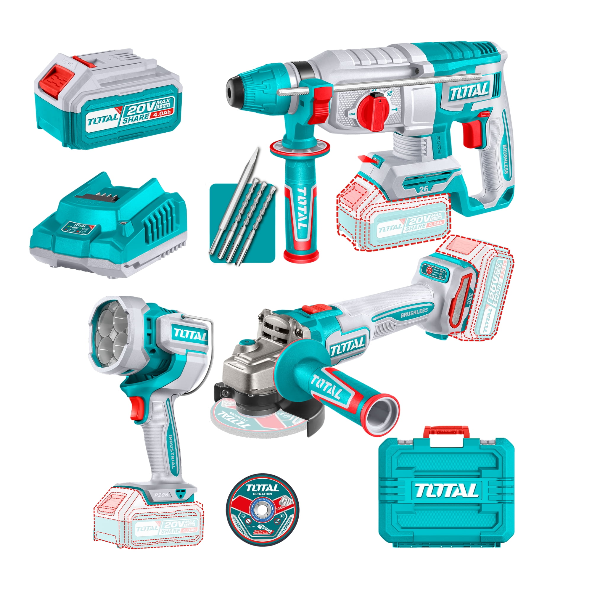 Kit Rotomartillo, Esmeril Y Lampara Inalámbrica Total