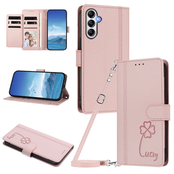 Funda Cartera Trébol para Samsung Galaxy A34 5G con Ranuras Tarjetas y Carga Inalámbrica Rosa