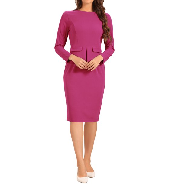 INSPIRE CHIC Vestido ajustado de mujer con peplum, atuendo de maestra para el regreso a clases, cuello redondo, manga larga, cintura alta, vestido de trabajo midi, color rosa fuerte, talla M